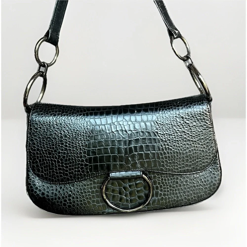 Stuart Weitzman Alligator Embossed Leather‎ Frame  Handbag Black Silver 90s Y2k